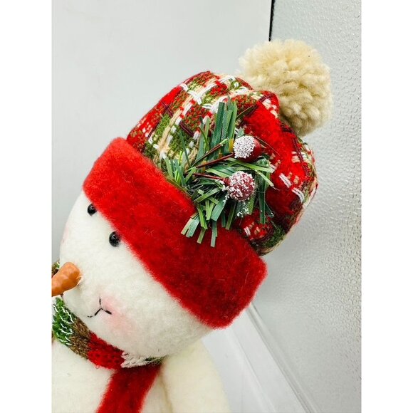 Christmas Snowman Plush Shelf Sitter Red Plaid Hat Beaded Legs Holiday Decor - Picture 9 of 10